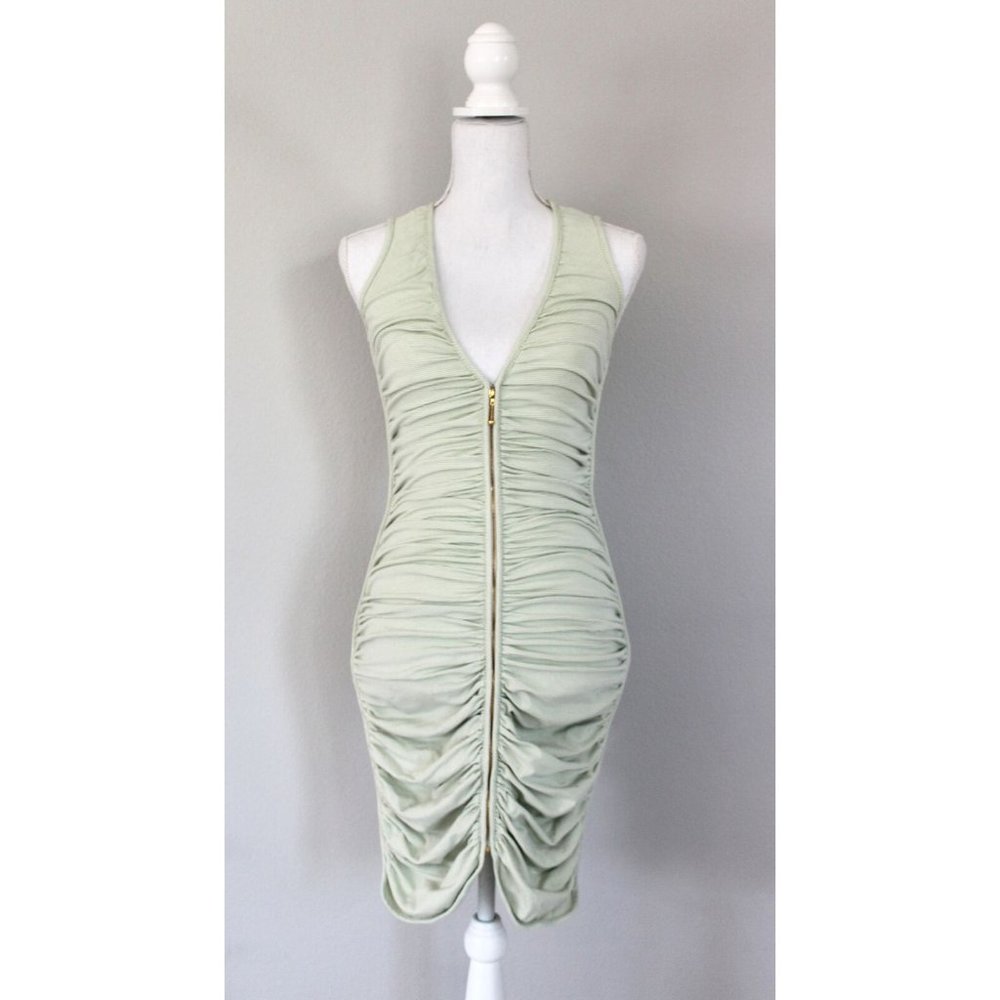 ZAC POSEN Green & Cream Striped Ruched Bodycon Zipper Dress, Size 4
